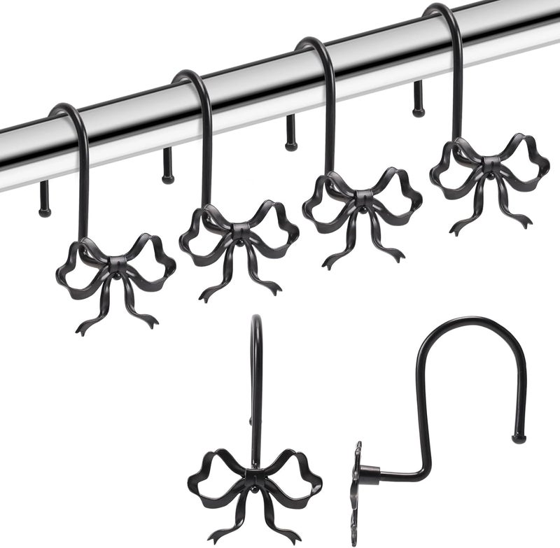 YanKiTour Bow Shower Curtain Hooks, 12 Pack Metal Decorative Rings, Rustproof Bow Knot Design for Bathroom Bedroom Living Room Baby Room Nursery Art Decor (Black 2) - Image 1